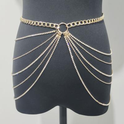 China Trendy European and American fashion matching metal geometric female rhinestone waist chain multi-layer tassel body chain for sale