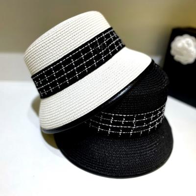 China 2023 new fashion brand classic striped black and white letter c basin hat straw straw braided sunshade hat for sale