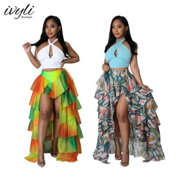 China OEM Breathable Wholesale Women's Clothing New 2022 Summer Irregular Split Skirt Printing Mesh Large Size Women's Cake Skirt for sale