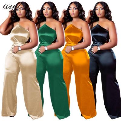 China QUICK DRY Women's Sexy Reflective Silk Elastic Band Nightclub Wear Wide Leg One Long Pants Overalls Women's Plus Size Jumpsuit for sale