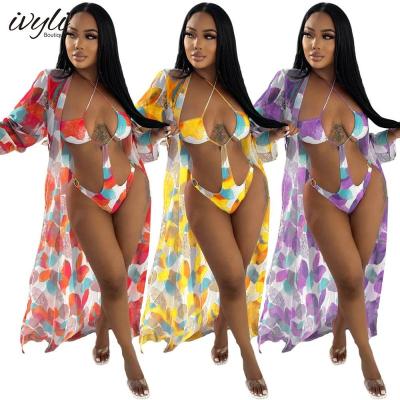 China New Breathable Summer Chiffon Printing Swimsuit Cap + Sexy One Piece Bikini Sets Ladies Plus Size Swimwear One Piece Beach Wear for sale