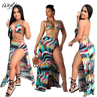 China 2022 summer swimwear fashion printing cape thong sexy bikini breathable three-piece beach wear for sale