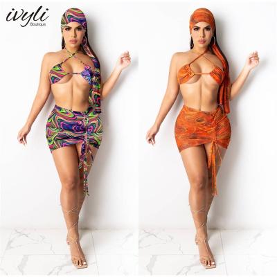 China 2022 Summer Breathable Ladies 4 Piece Bikini Set With Bandeau Printing Mesh Wrap Skirt Cover Up Swimsuit for sale