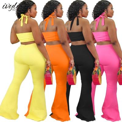 China Anti-pilling Fashion Vest Women Crop Tops Rocket Pants Solid Color Women Wide Legs Pants Two Piece Set for sale