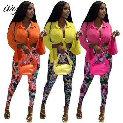 China QUICK DRY Custom OEM New 2022 Summer Spring Long Sleeve Shirt/Printed Pants 2 Pieces Set Casual Women's Plus Size Women's Clothing for sale