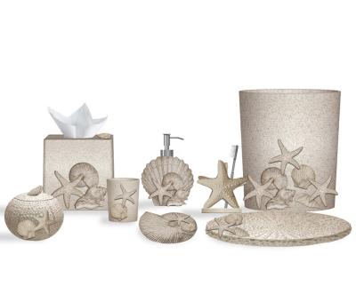 China Sustainable 8 Pieces Accessories Set Bathroom Resin Stoneware Seashell Style for sale