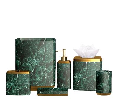 China Sustainable 6 Pieces Designers Bathroom Sets Green Marble Effect Resin Bathroom Accessories Set for sale