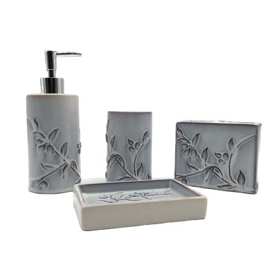 China Sustainable Newly Designed Ceramic Embossed Foliage Bath Accessories Bathroom Set Of Four-piece for sale