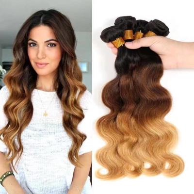 China Silky Straight Wave Ready To Ship 1B /4/27/ombre Brown Body Wave Extension Hair Bundles Brazilian Hair Vendors 9A 10A Virgin With Closure for sale