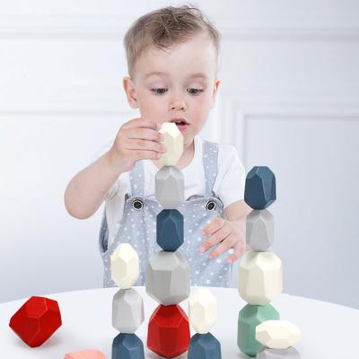 China Eco-friendly Material Educational Kindergarten Learning Toys Building Blocks Game Wooden Sorting Stacking Balancing Stone for sale