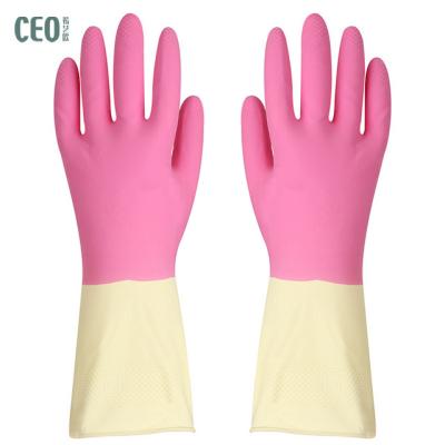 China Household Waterproof Bicolor Kitchen Long Sleeve Rubber Gloves With 2 Pairs for sale