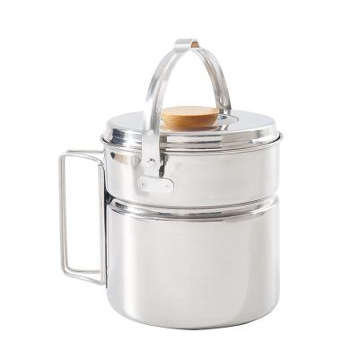 China Metal 304 Stainless Steel Outdoor Portable Camping Hanging Pot Set Wooden Handle Pot With Steaming Dish for sale