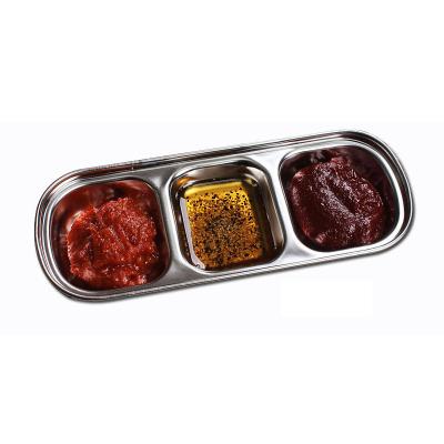 China Metal Divided 304 Stainless Steel 3 Cell Sauce Plate Three Separate Rack Dish Seasoning Tray for sale