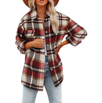 China Autumn And Winter Anti-Static Style Women's Coat Plaid Blouse Pocket Long Sleeve Plaid Shirt for sale