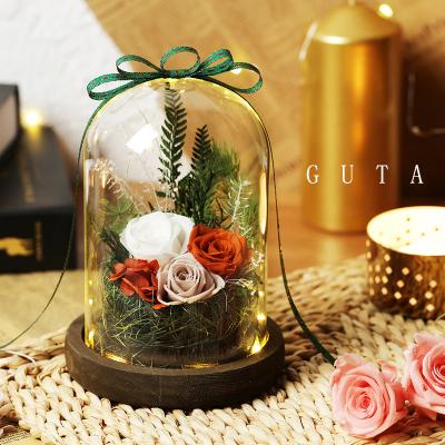 China Natural Touch Preserved Flower Gift Box Glass Cover Decoration Christmas Rose Flower Gift for sale