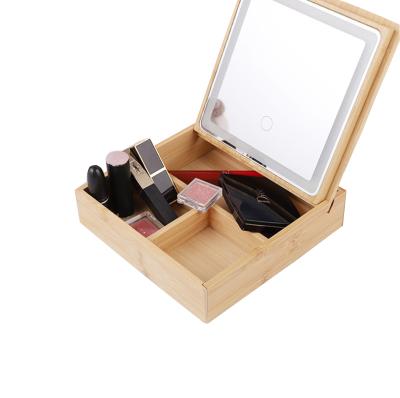 China Custom 2021 Touch Sensor Lighted Battery Lighted Makeup Led Mirror With Bamboo for sale