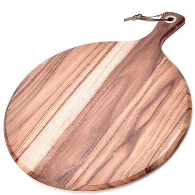 China Sustainable Wooden Acacia Wood Chopper Kitchen Bread Board Pizza Shovel With Round Wooden Handle Tray for sale