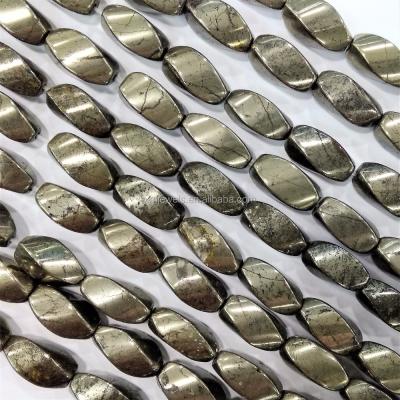 China Jewelry Making 16x8mm Iron Pyrite Gemstone Twisted Barrel Drum Loose Strand Beads for sale