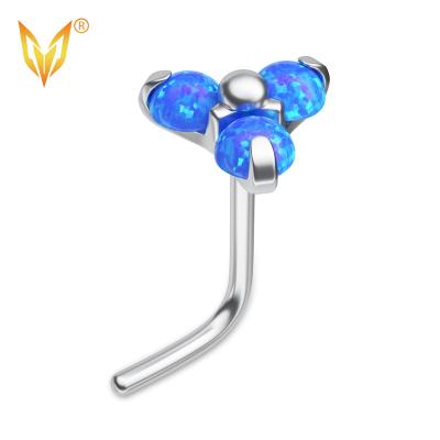 China Punk Popular Titanium 3 Opal Stone Blaze Set Tops L Bend LDOIT ASTM F136/G23 Nose Studs Titanium Piercing Jewelry for sale