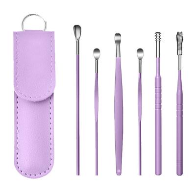 China Other Profession Earwax Removal Earpick Cleaner Tool Sticks Earwax Remover Curette Ear Detergent Spoon Pu Cleaning Leather Case 6pcs for sale