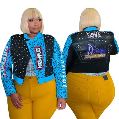 China Hot sale plus size XL-5XL rivet leopard letter print street trend motorcycle wear big women's leather jacket coat for sale