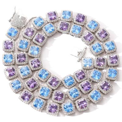 China Hiphop Iced Out Hip Hop Jewelry 10mm Blue And Amethyst Square CZ Stone Bling Chain Necklace for sale