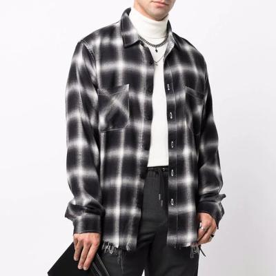 China Anti-pilling Custom Cotton OEM Edge Design Core Shade Fringed Plaid Shirt With Two Chest Patch Pockets for sale