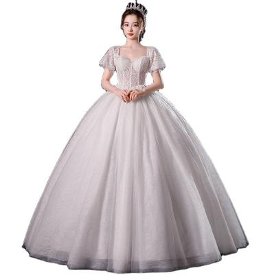 China Hot Sale Anti-wrinkle Embroidery Wedding Dress Ball Gown Lace Bubble Short Sleeves Dress Wedding Luxury for sale