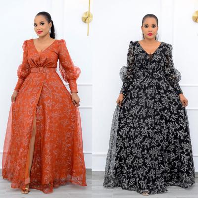 China Hot Selling Anti-wrinkle Plus Size Evening Dresses Floral V-Neckline High Waist Women's Long Sleeves for sale