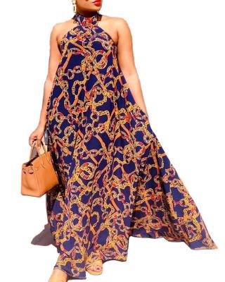 China Halter Dress Anti-Static Sleeveless Print Blue Skirt Plus Size Halter Neck Party Dresses For Women for sale