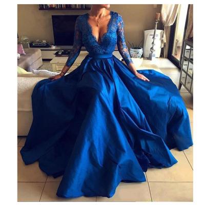 China Breathable Royal Blue Lace Appliques V-Neck Sleeves Slit Long Prom Evening Gowns Dresses for sale