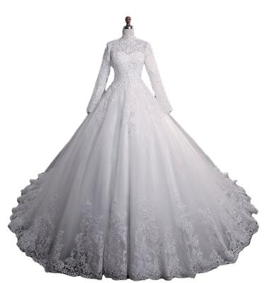 China Anti-wrinkle Sweetheart High Neck 3D Flowers Beads Ball Gown Long Sleeves Ruffled Wedding Dress for sale