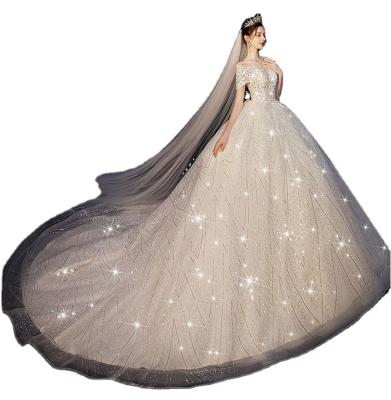 China Anti-wrinkle Sparkle Diamond Appliqued Beads Sequins Long Tail Ball Gown Women Wedding Dresses for sale