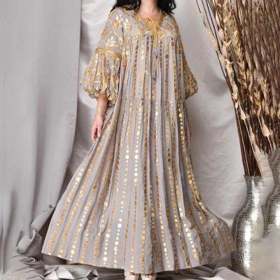 China Vintage Muslim Anti-Static Printing Indonesia Abaya Dubai Turkey Middle East Arabic Big Swing Skirt Lantern Sleeves Casual Dresses for sale