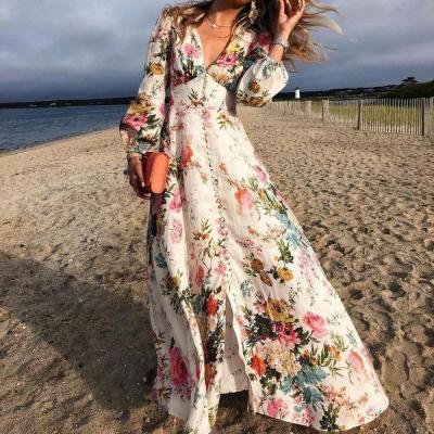 China Women's Hot Sale Romantic Floral Anti-wrinkle Floral Print Deep V-Neckline Long Sheathed Holiday Vacation Flower Printed Maxi Dress Casual Skirts for sale