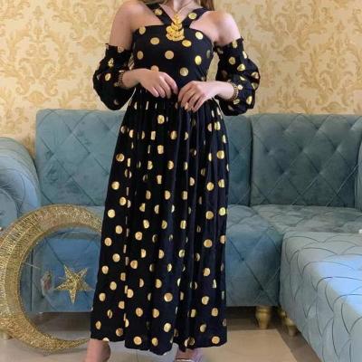 China Large Dots Women Casual Off Shoulder Halter Ankle Length Anti-Static Sexy Gold Printing Strapless Party Dresses for sale