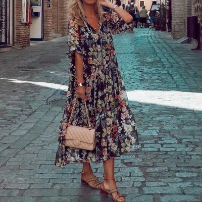 China Women's Anti-Wrinkle Fashion Floral Printing V-Neck Half Lotus Sleeves Ruffle Midi Chiffon Ladies Casual Dresses for sale