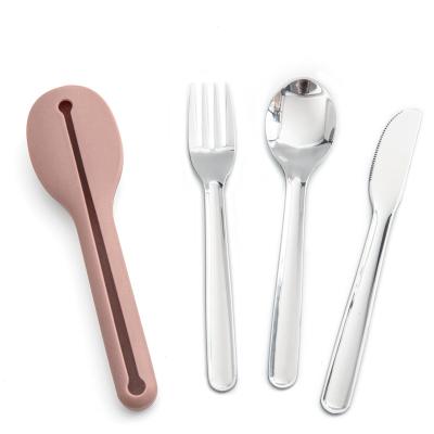 China Stainless Steel Metal Travel Cutlery Set Flatware Sustainable Outdoor Reusable Portable Utensil With Silicon Case For Camping for sale