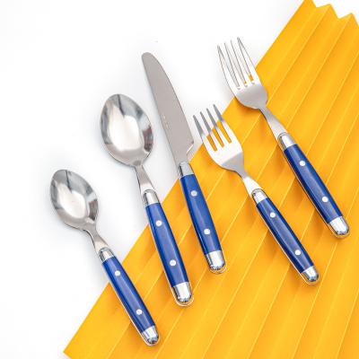 China China Viable Complete Set of Fork Spoon Knife with Handle Machine Polish Stainless Steel Blue Plastic Restaurant Cutlery Set for sale