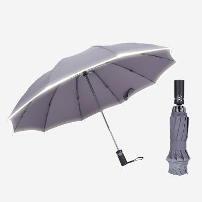 China Automatic high quality reversed 3 fold umbrella with reflective stripe for sale