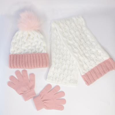 China New COMMON Winter Chunky Fur Pompom Balls Beanie Scarf Gloves Set 3pcs Cashmere Baby Kids Knitting Beanie Hat Scarf Mittens for sale