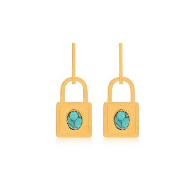 China Hip Hop Fashion Stainless Steel Drop Earring 18K Gold Plating Lead Free Nickel Free Turquoise Beads Lock Earrings For Girl for sale