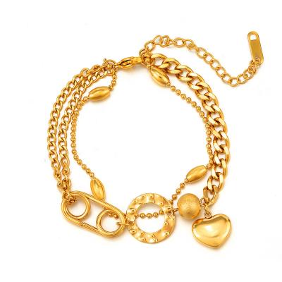 China New Hip Hop Design Stainless Steel Heart Bracelet Lead Free Nickel Free Layered Drop Link Chain Double Around Coin Layered Bracelet for sale