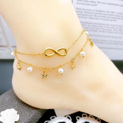 China Korea New Arrival Stainless Steel Pearl Star Tassel Anklet Lead Free Nickel Free Infinite Gold Plated Letter 8 Layered Anklet Chain for sale