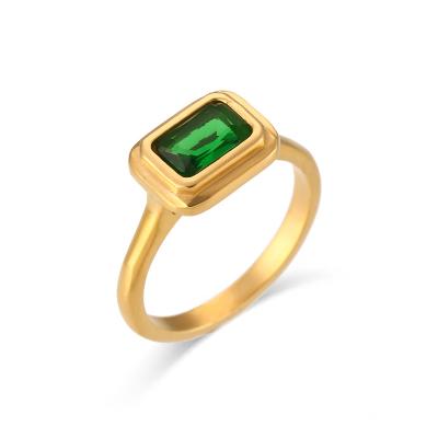 China Fashion Simple Design Zircon Women's Ring Stainless Steel Colored Green Simple Square Zircon Ring Lead Free Nickel Free Fashion for sale