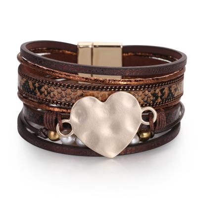 China Hot Selling Lead Free Nickel Free Gold Plated Bead Heart Clasp Magnetic Leather Bracelet Love Heart Snake Band Multi Layered Leather Loop Bracelet for sale