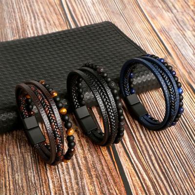 China 2023 Lead Free Nickel Free Men Women Design Natural Lava Tiger Eye Stone Men Bead Woven Multilayer Genuine Leather Bracelet for sale