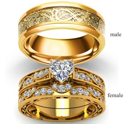 China 2023 2pcs 18k Thin Gold Lead Nickel Free Crystal Square Cubic Zirconia Wedding Rings Dragon Design Stainless Steel Couple Ring Set for sale