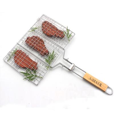 China Easily Cleaned Net Wooden BBQ Handle BBQ Tool Grilled Fish Portable Stainless Steel BBQ Grilling Basket BBQ Accessory for sale