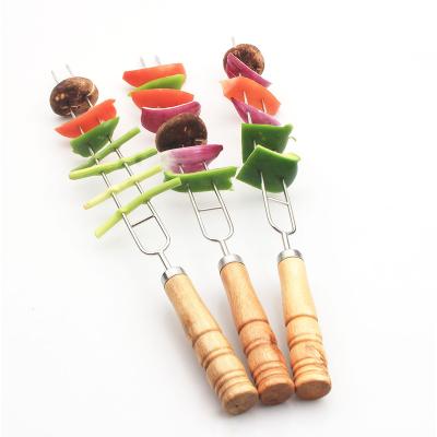 China Easily Cleaned Double Fork Skewers U Shape Stainless Steel BBQ Kebab BBQ Skewers For Grilling With Wooden Handle for sale